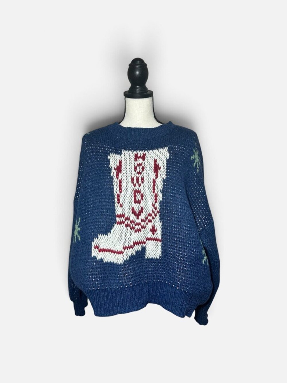 Bailey Rose Sweater Women’s L Blue Chunky Knit Western Cowboy Boot Pullover